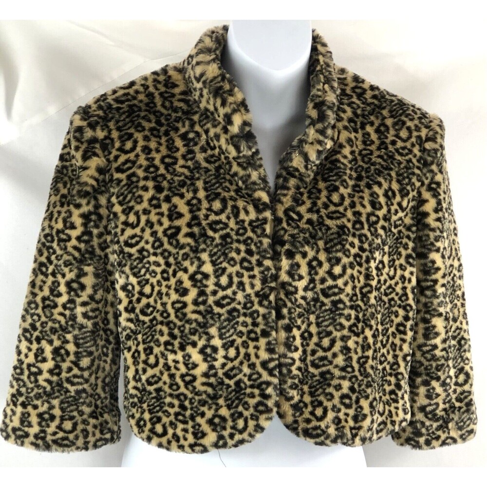 Material Girl Bolero Shrug Crop Jacket S Leopard Plush Faux Fur 1/2 Sleeve Glam
